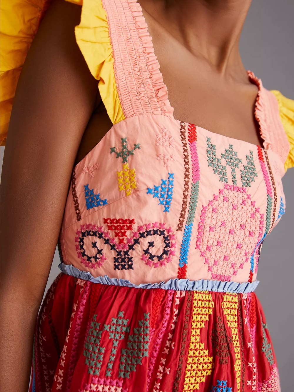 Farm Rio Embroidered Multicolor Block Cross-Stitch Tiered Cotton Minidress Sz M - Picture 14 of 14